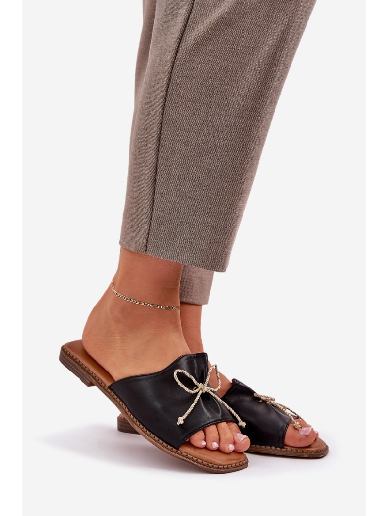 Flat Sole Sandals With Decorative Bow Black Deonelis