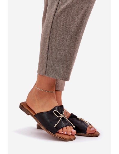 Flat Sole Sandals With Decorative Bow Black Deonelis