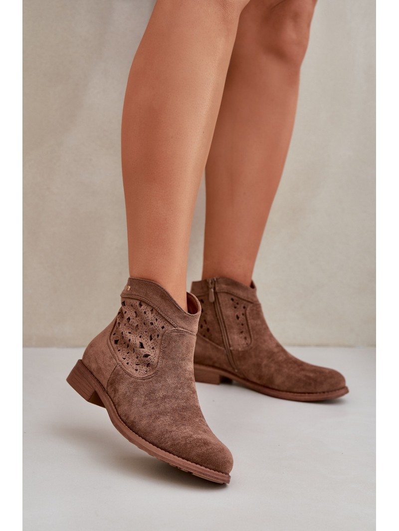 Ladies Perforated Ankle Boots On Flat Heel S.Barski HY51-113 Brown