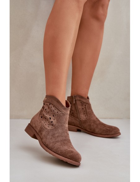 Ladies Perforated Ankle Boots On Flat Heel S.Barski HY51-113 Brown