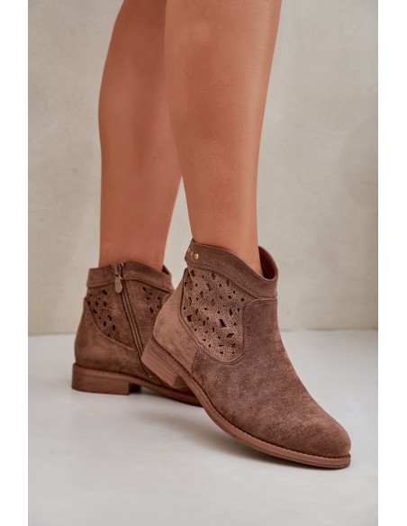 Ladies Perforated Ankle Boots On Flat Heel S.Barski HY51-113 Brown