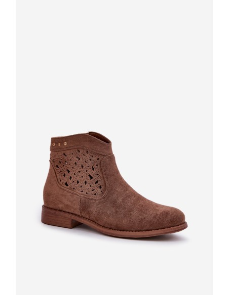 Ladies Perforated Ankle Boots On Flat Heel S.Barski HY51-113 Brown