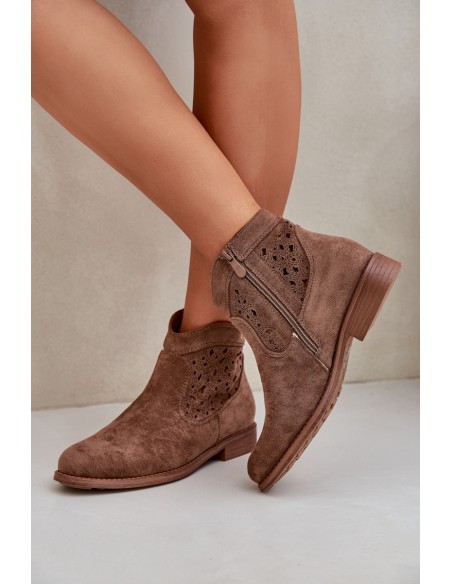 Ladies Perforated Ankle Boots On Flat Heel S.Barski HY51-113 Brown