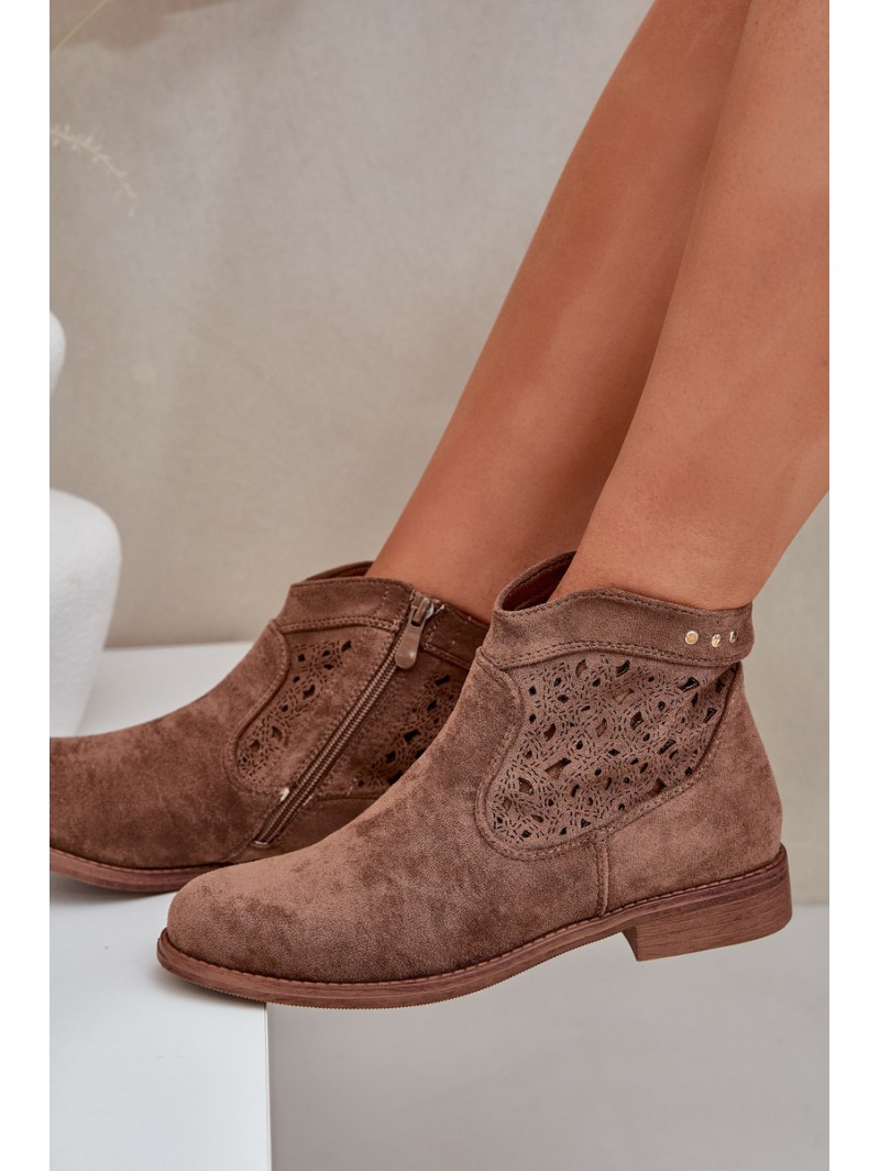 Ladies Perforated Ankle Boots On Flat Heel S.Barski HY51-113 Brown