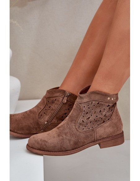 Ladies Perforated Ankle Boots On Flat Heel S.Barski HY51-113 Brown