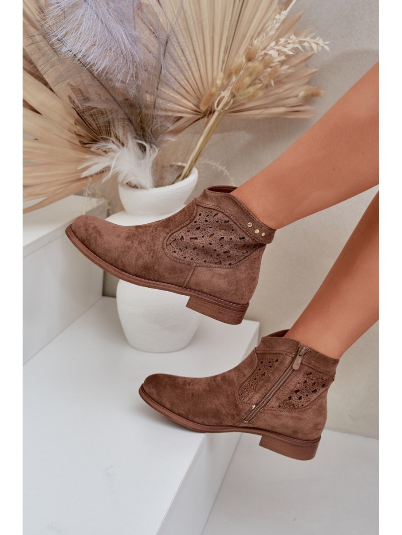 Ladies Perforated Ankle Boots On Flat Heel S.Barski HY51-113 Brown