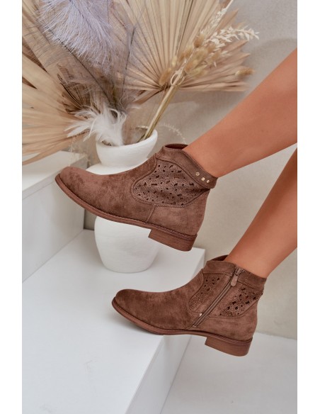 Ladies Perforated Ankle Boots On Flat Heel S.Barski HY51-113 Brown