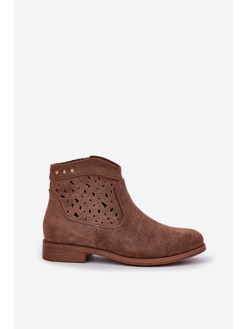 Ladies Perforated Ankle Boots On Flat Heel S.Barski HY51-113 Brown