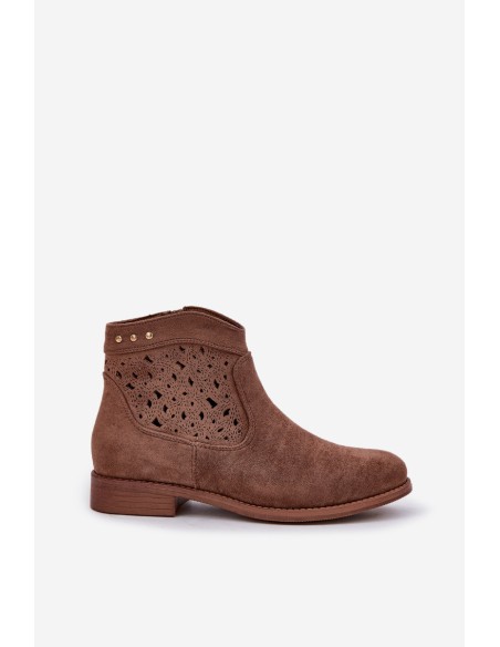 Ladies Perforated Ankle Boots On Flat Heel S.Barski HY51-113 Brown