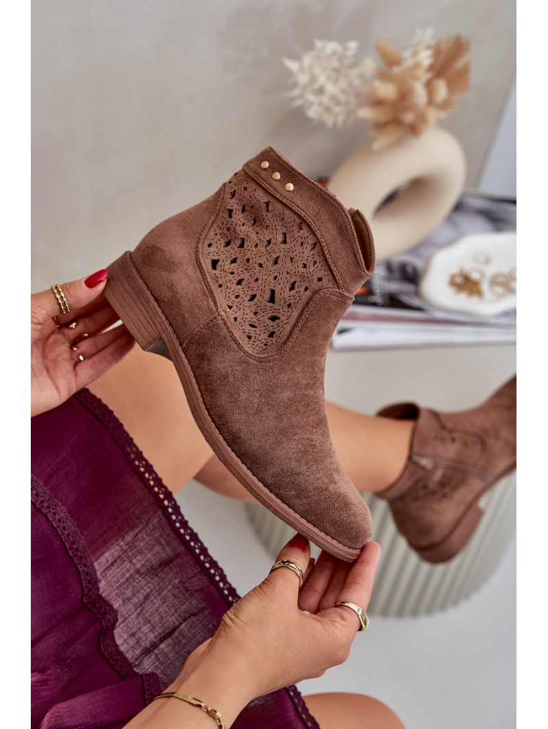 Ladies Perforated Ankle Boots On Flat Heel S.Barski HY51-113 Brown