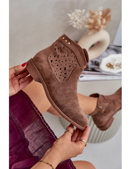 Ladies Perforated Ankle Boots On Flat Heel S.Barski HY51-113 Brown