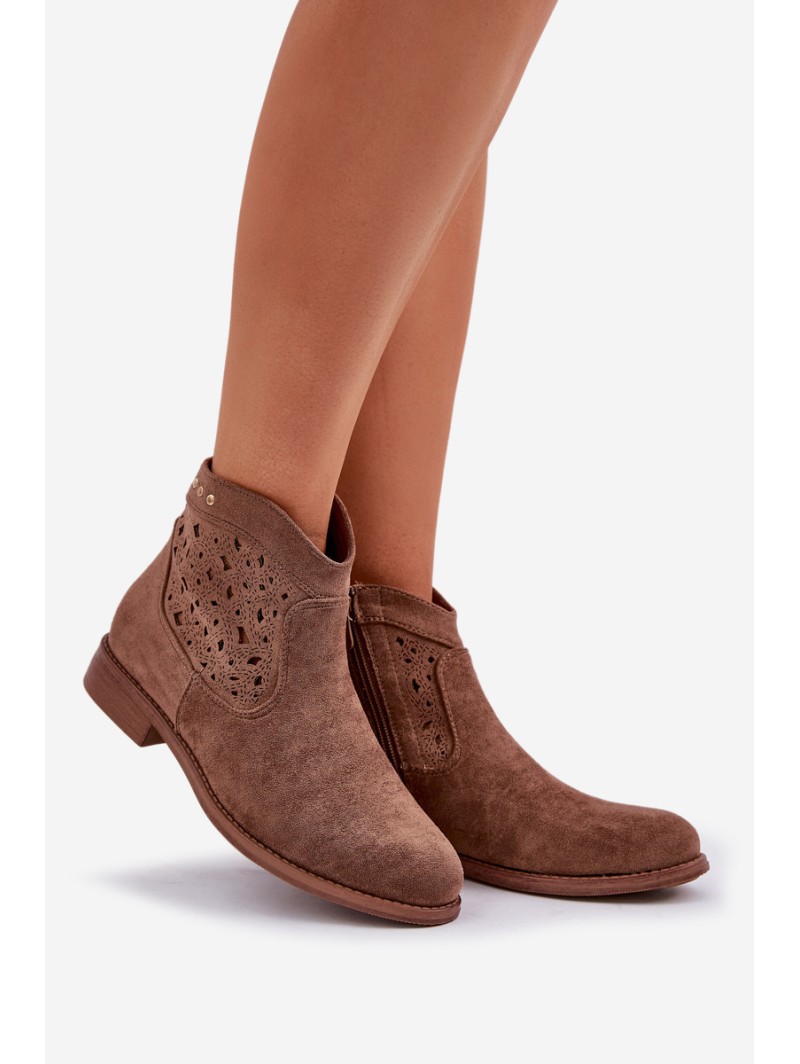 Ladies Perforated Ankle Boots On Flat Heel S.Barski HY51-113 Brown
