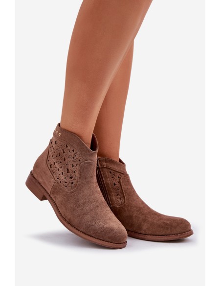 Ladies Perforated Ankle Boots On Flat Heel S.Barski HY51-113 Brown