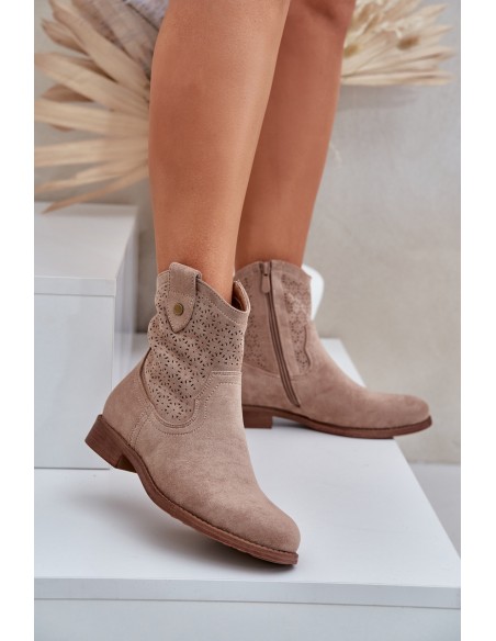 Cutout Ankle Boots On Flat Heel S.Barski HY51-063 Beige