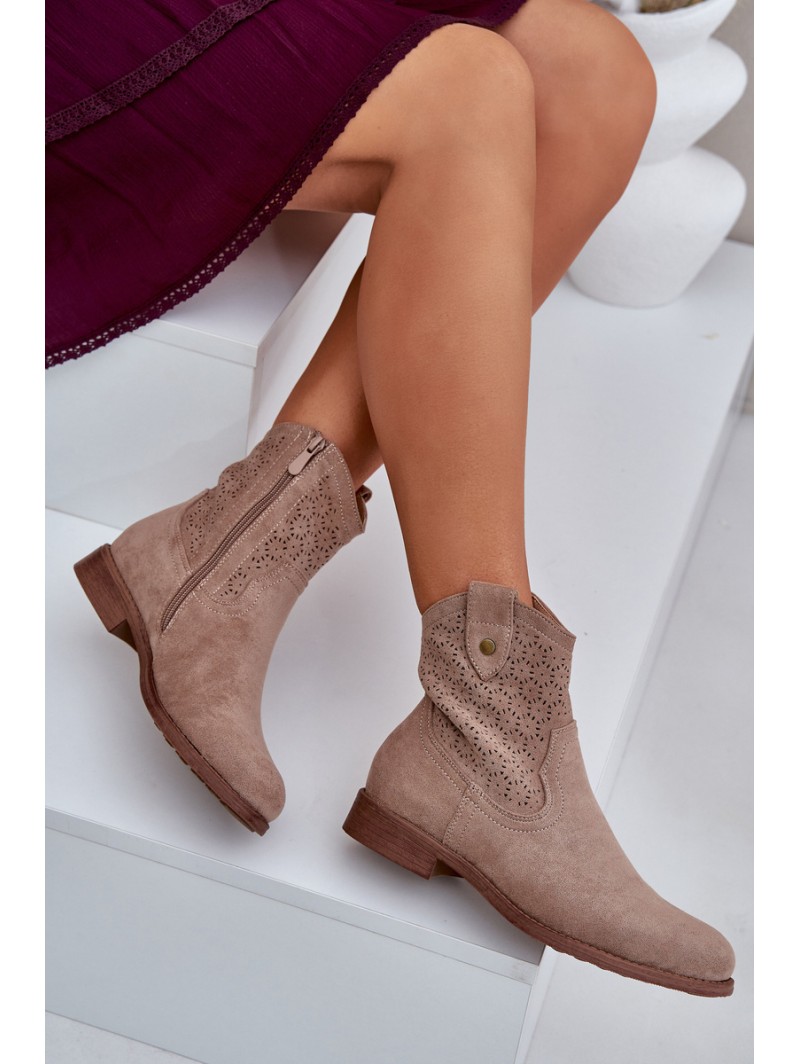 Cutout Ankle Boots On Flat Heel S.Barski HY51-063 Beige