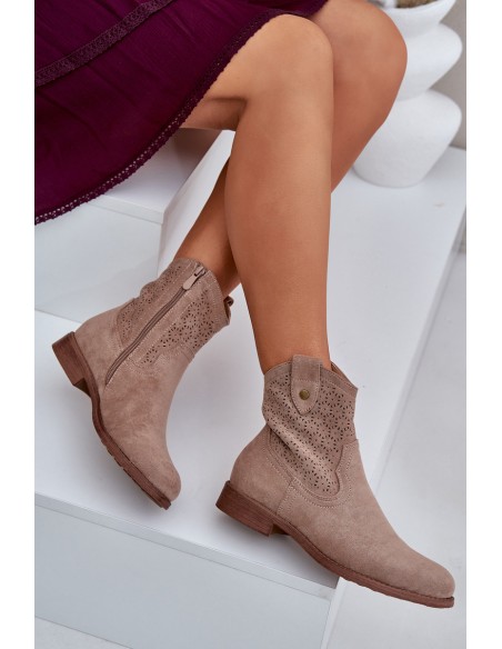 Cutout Ankle Boots On Flat Heel S.Barski HY51-063 Beige