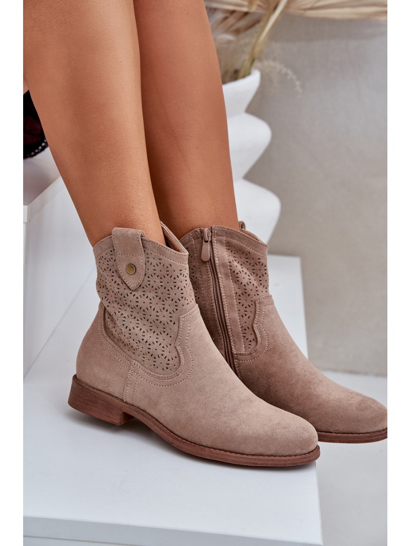 Cutout Ankle Boots On Flat Heel S.Barski HY51-063 Beige