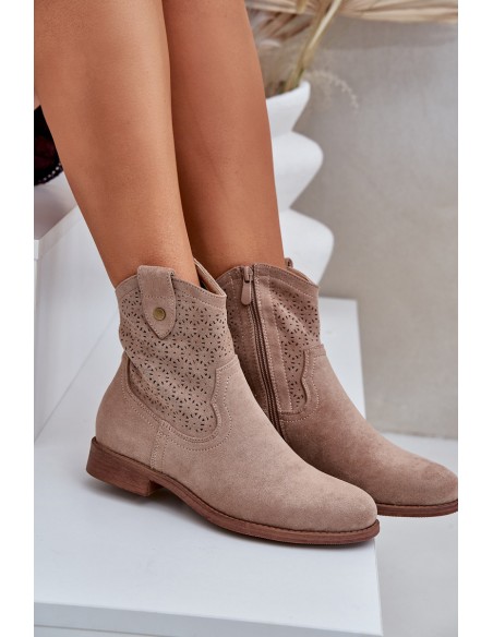 Cutout Ankle Boots On Flat Heel S.Barski HY51-063 Beige