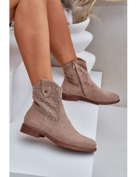 Cutout Ankle Boots On Flat Heel S.Barski HY51-063 Beige