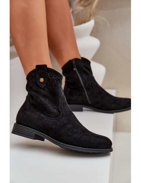 Perforated Ankle Boots On A Flat Heel S.Barski HY51-063 Black