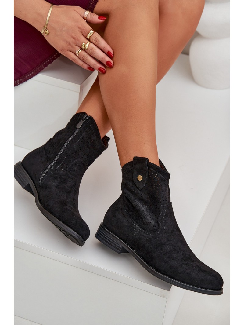Perforated Ankle Boots On A Flat Heel S.Barski HY51-063 Black