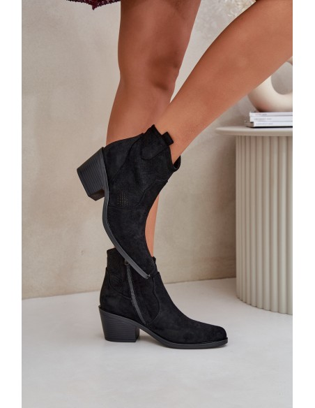 Perforated Cowboy Boots With Zipper Eco Suede S.Barski HY51-061 Black