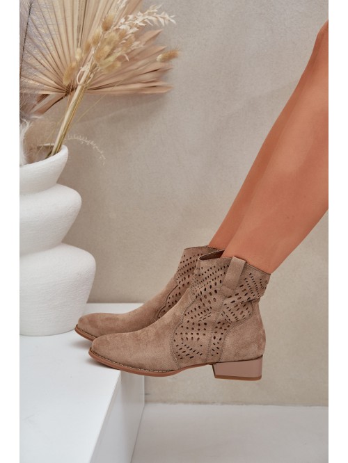 Women s perforated ankle boots on low heel beige Neliawen