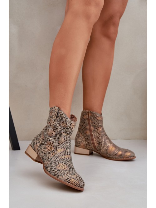 Lace Up Women's Ankle Boots On Low Heel Decorated With Animal Pattern Gold Neliawen