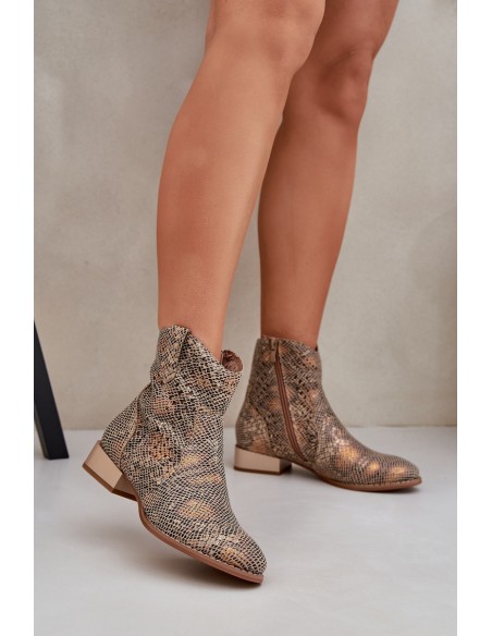 Lace Up Women's Ankle Boots On Low Heel Decorated With Animal Pattern Gold Neliawen