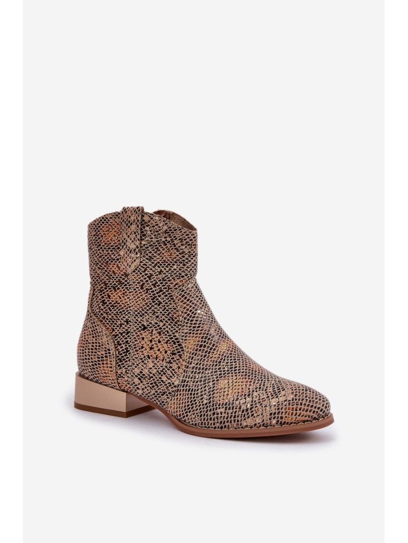 Lace Up Women's Ankle Boots On Low Heel Decorated With Animal Pattern Gold Neliawen