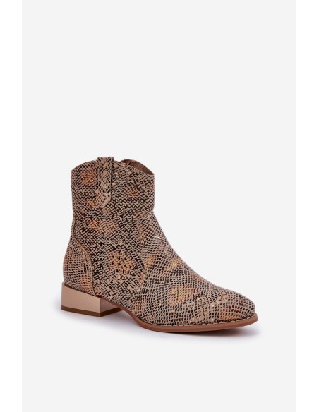 Lace Up Women's Ankle Boots On Low Heel Decorated With Animal Pattern Gold Neliawen
