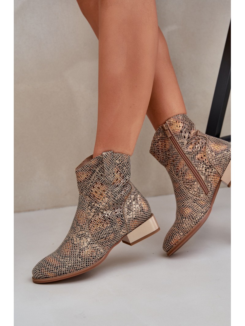 Lace Up Women's Ankle Boots On Low Heel Decorated With Animal Pattern Gold Neliawen