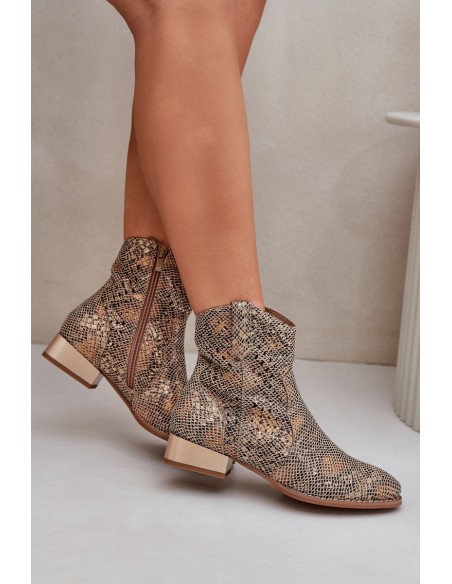 Lace Up Women's Ankle Boots On Low Heel Decorated With Animal Pattern Gold Neliawen