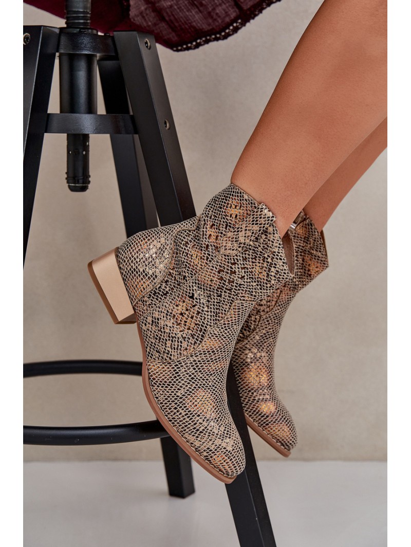 Lace Up Women's Ankle Boots On Low Heel Decorated With Animal Pattern Gold Neliawen