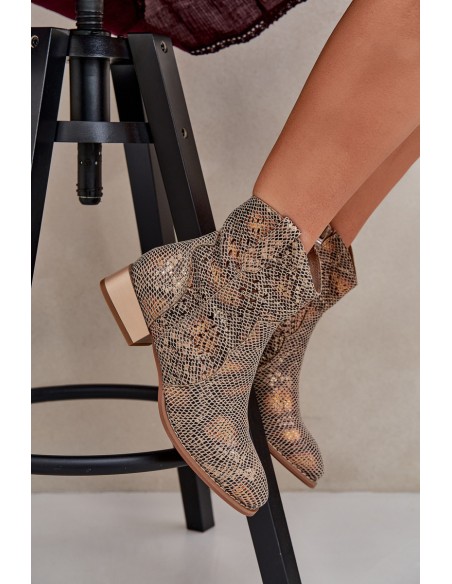 Lace Up Women's Ankle Boots On Low Heel Decorated With Animal Pattern Gold Neliawen