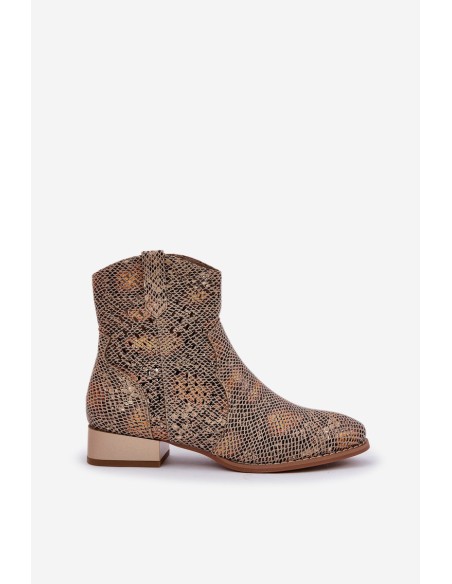 Lace Up Women's Ankle Boots On Low Heel Decorated With Animal Pattern Gold Neliawen
