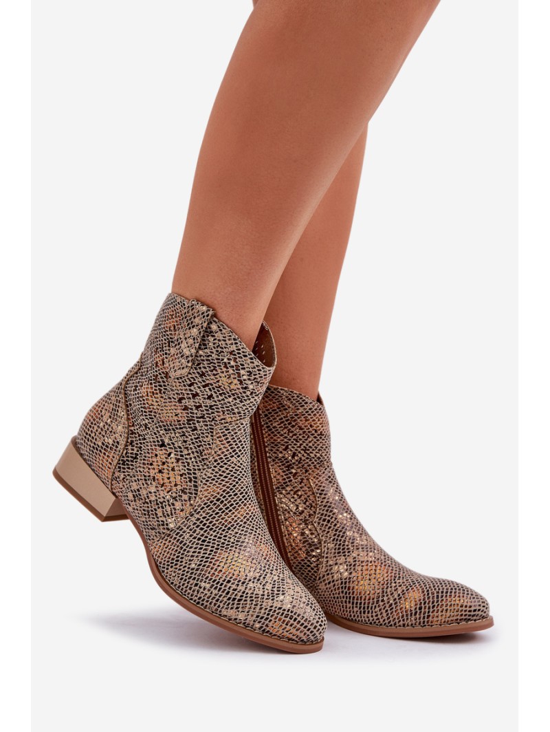 Lace Up Women's Ankle Boots On Low Heel Decorated With Animal Pattern Gold Neliawen