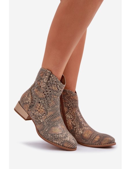 Lace Up Women's Ankle Boots On Low Heel Decorated With Animal Pattern Gold Neliawen