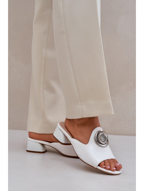 Elegant Women's Slippers On Low Heel With Decoration White Feledis