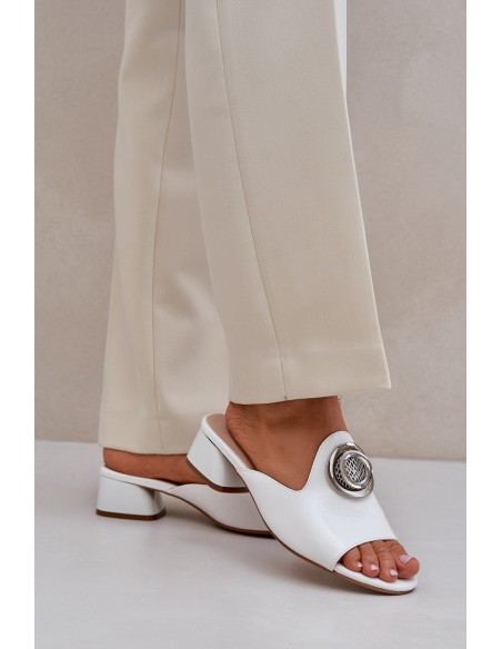 Elegant Women's Slippers On Low Heel With Decoration White Feledis