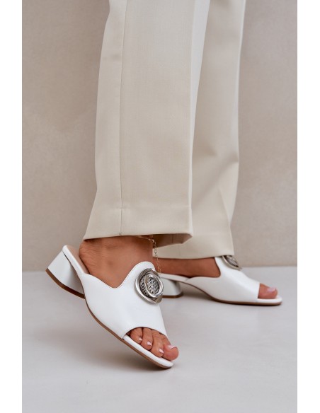 Elegant Women's Slippers On Low Heel With Decoration White Feledis
