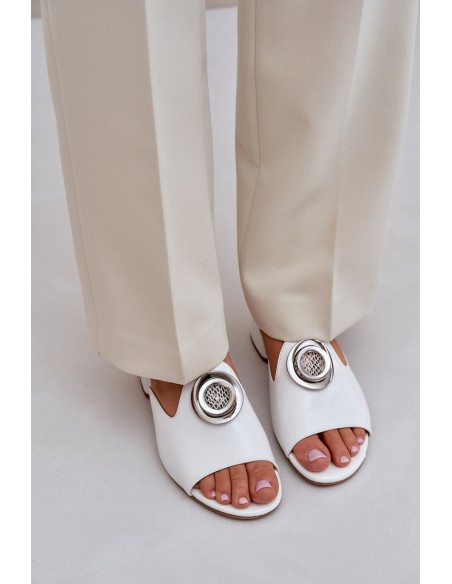 Elegant Women's Slippers On Low Heel With Decoration White Feledis