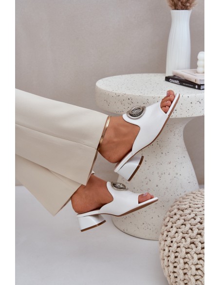 Elegant Women's Slippers On Low Heel With Decoration White Feledis