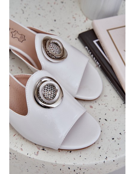 Elegant Women's Slippers On Low Heel With Decoration White Feledis