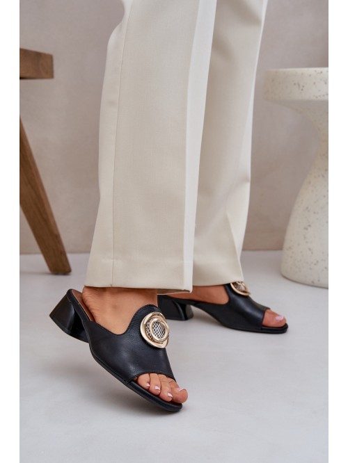 Elegant Women's Slippers On A Low Heel With Decoration Black Feledis