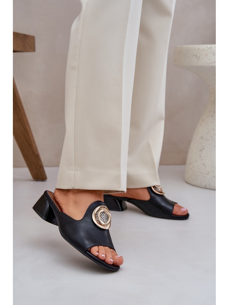 Elegant Women's Slippers On A Low Heel With Decoration Black Feledis