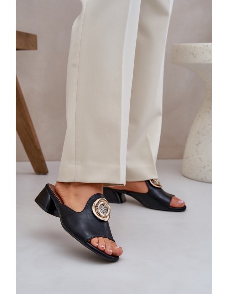 Elegant Women's Slippers On A Low Heel With Decoration Black Feledis