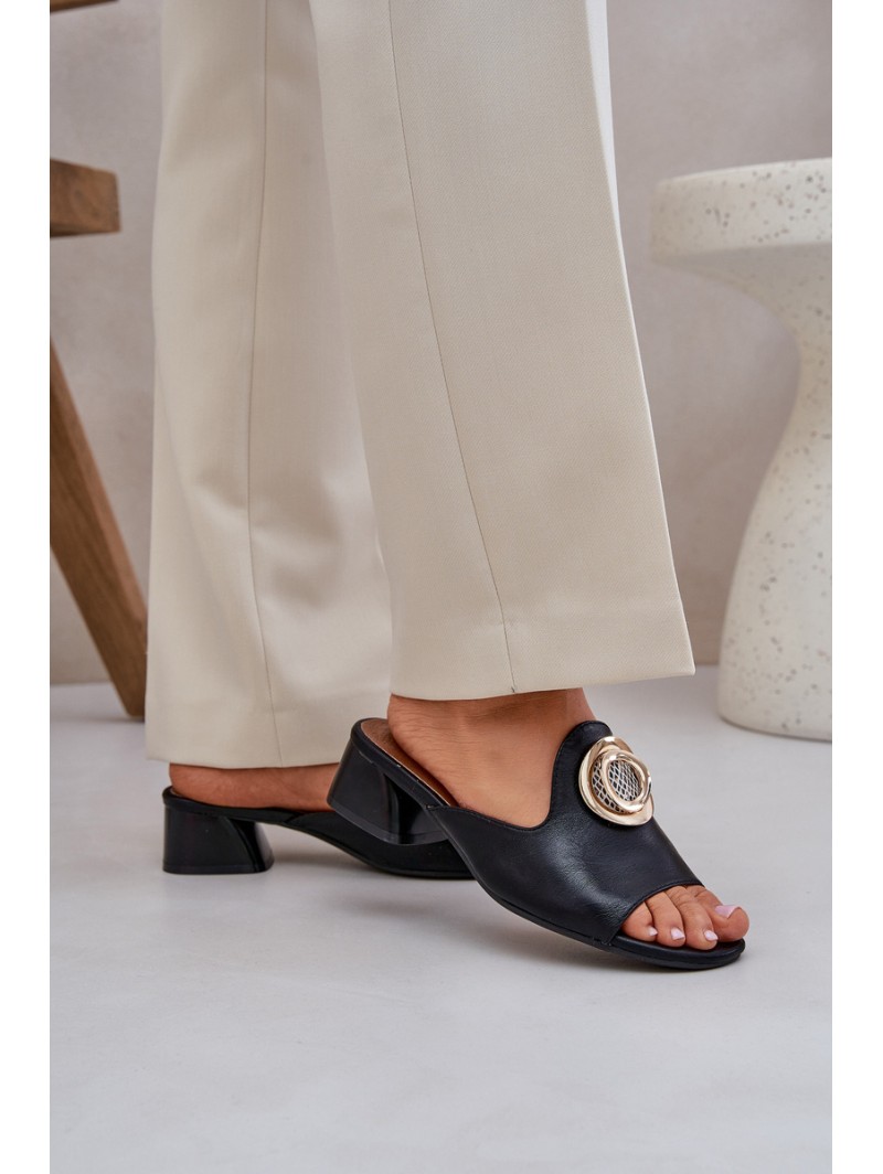 Elegant Women's Slippers On A Low Heel With Decoration Black Feledis