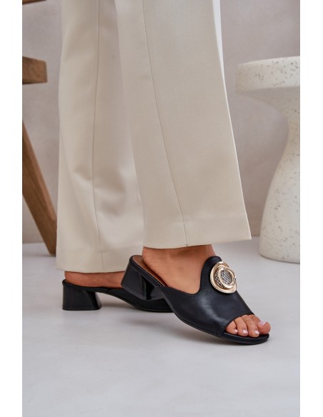 Elegant Women's Slippers On A Low Heel With Decoration Black Feledis