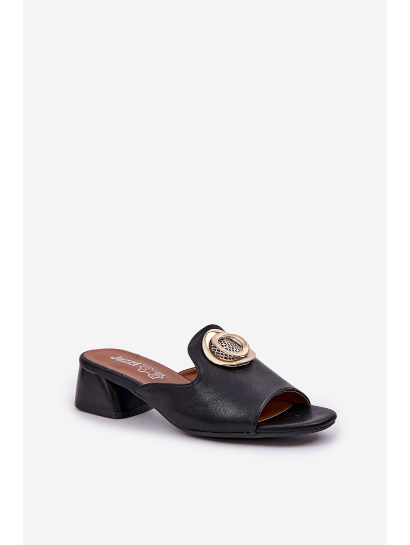 Elegant Women's Slippers On A Low Heel With Decoration Black Feledis